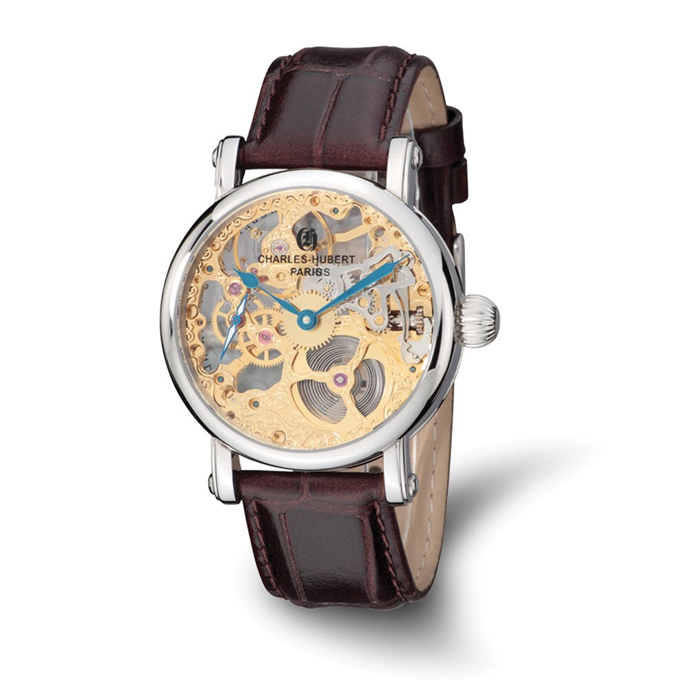 Charles Hubert Mens Stainless Brown Leather Band Skeleton Dial Watch, Item W8555 by The Black Bow Jewelry Co.