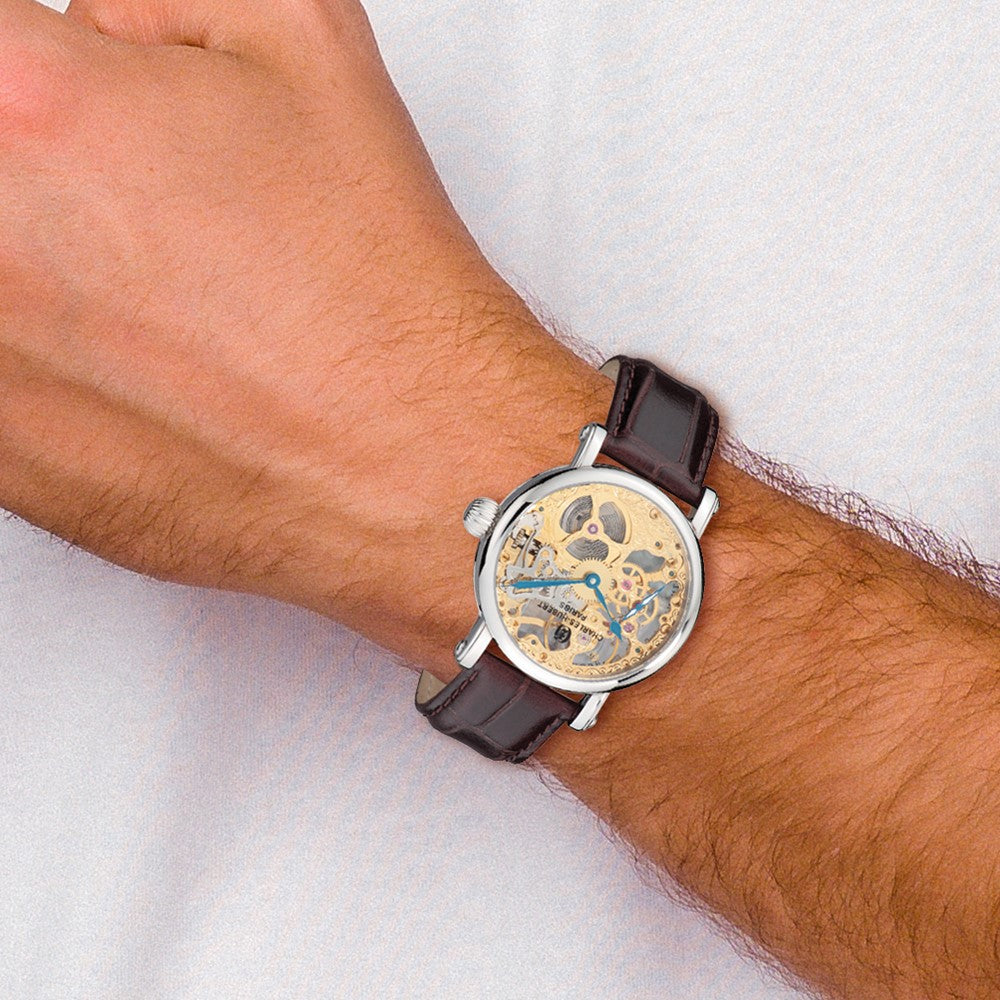 Alternate view of the Charles Hubert Mens Stainless Brown Leather Band Skeleton Dial Watch by The Black Bow Jewelry Co.