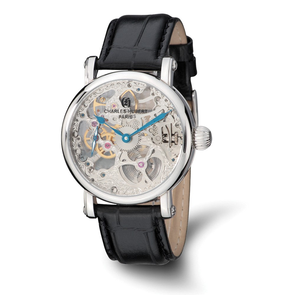 Charles Hubert Mens Stnlss Stl Black Leather Strap Skeleton Dial Watch, Item W8556 by The Black Bow Jewelry Co.