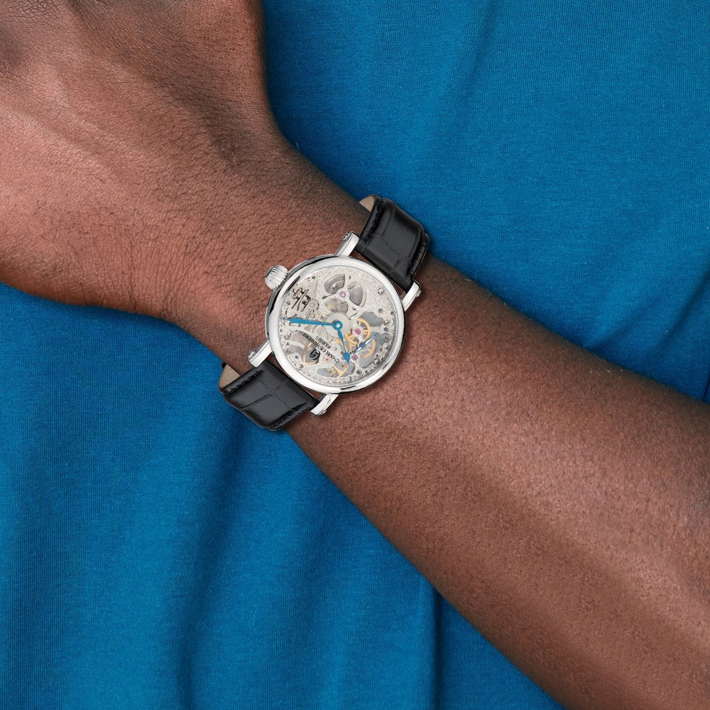 Alternate view of the Charles Hubert Mens Stnlss Stl Black Leather Strap Skeleton Dial Watch by The Black Bow Jewelry Co.