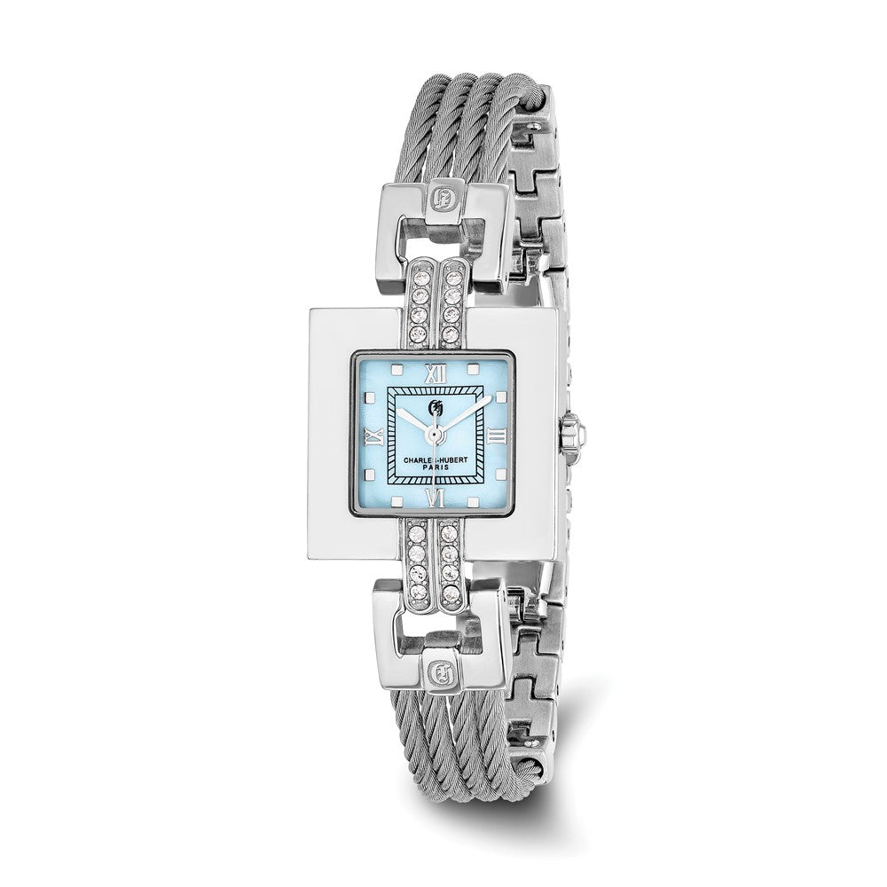 Charles Hubert Ladies Stnlss Stl Wire Bangle Light Blue MOP Dial Watch, Item W8560 by The Black Bow Jewelry Co.