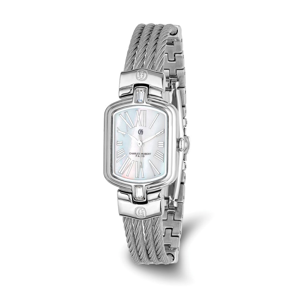 Charles Hubert Ladies Stainless Steel Wire Bangle White MOP Dial Watch, Item W8564 by The Black Bow Jewelry Co.