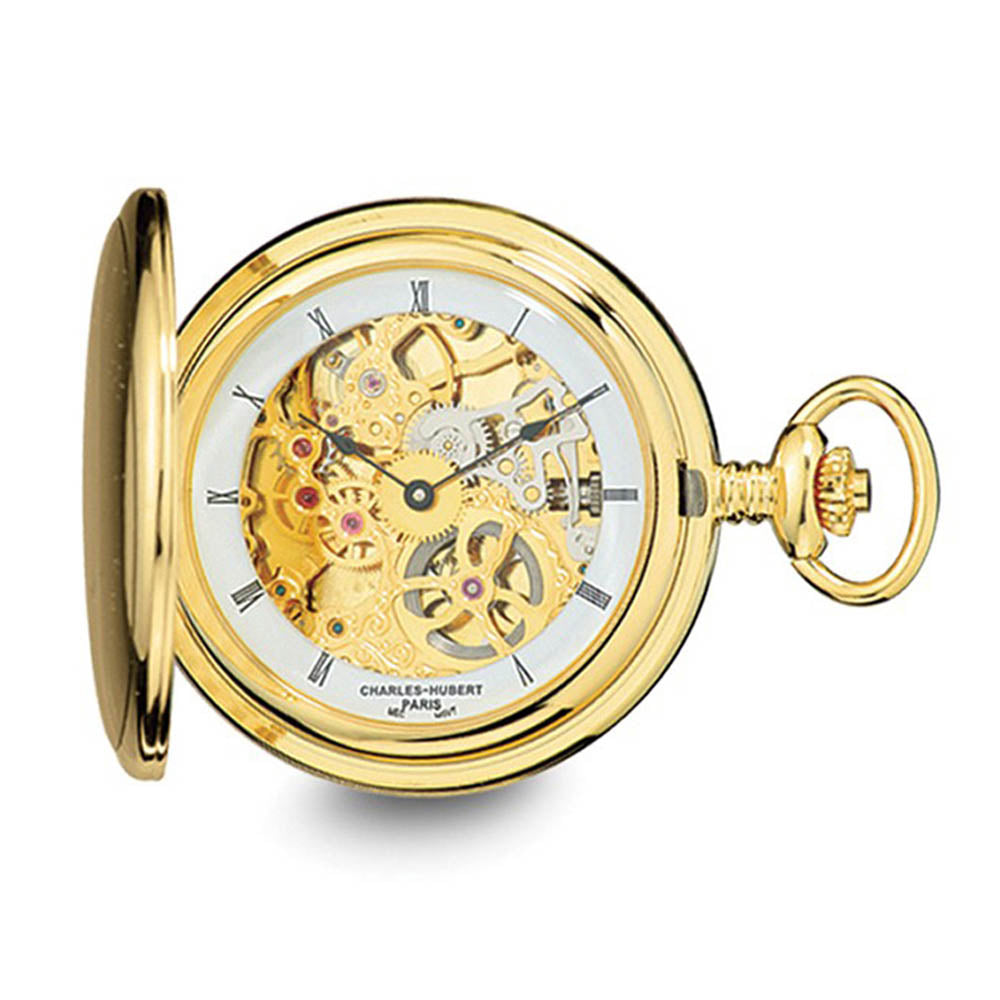 Charles Hubert IP-plated Stnlss Steel Skeleton Dial Pocket Watch 54mm, Item W8587 by The Black Bow Jewelry Co.