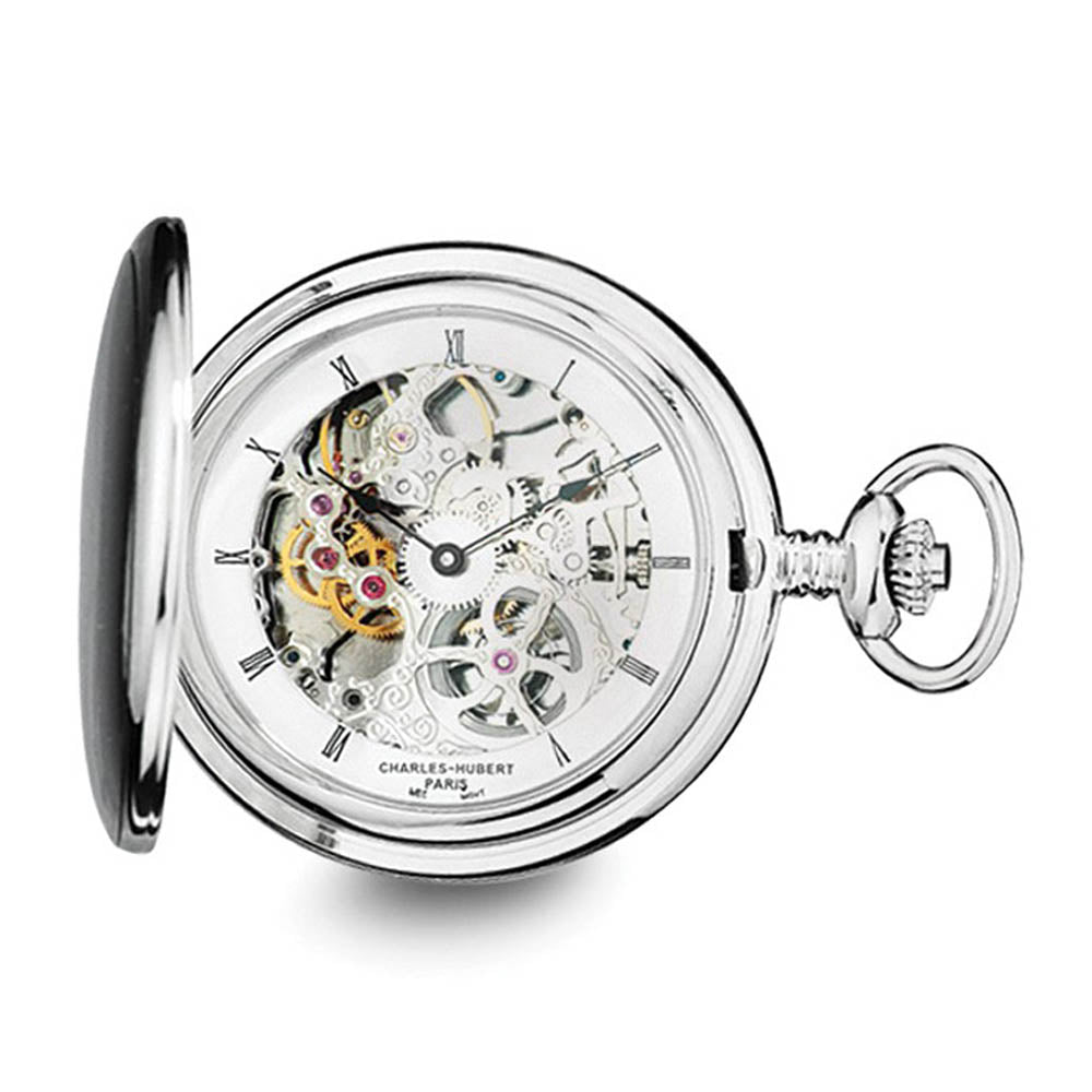 Charles Hubert Stainless Steel Skeleton Dial Pocket Watch 54mm, Item W8588 by The Black Bow Jewelry Co.