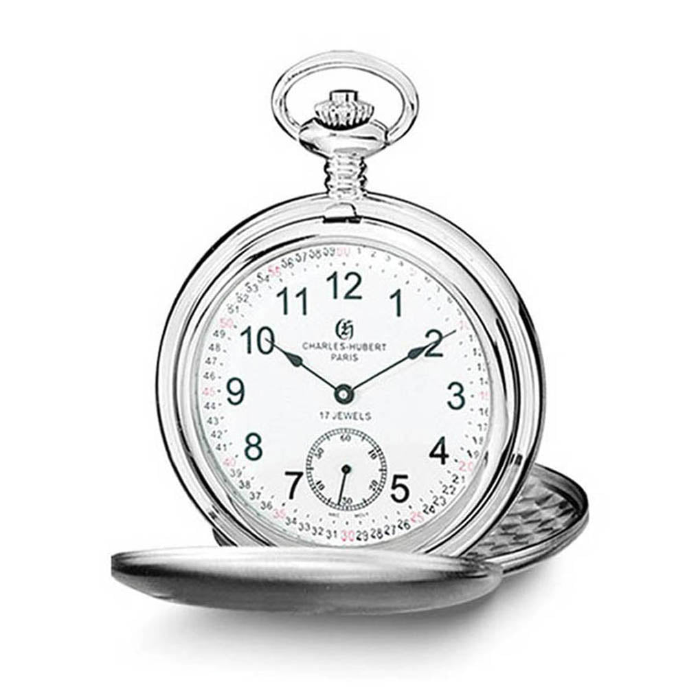 Charles Hubert Stainless Steel White Dial Analog Pocket Watch 54mm, Item W8590 by The Black Bow Jewelry Co.
