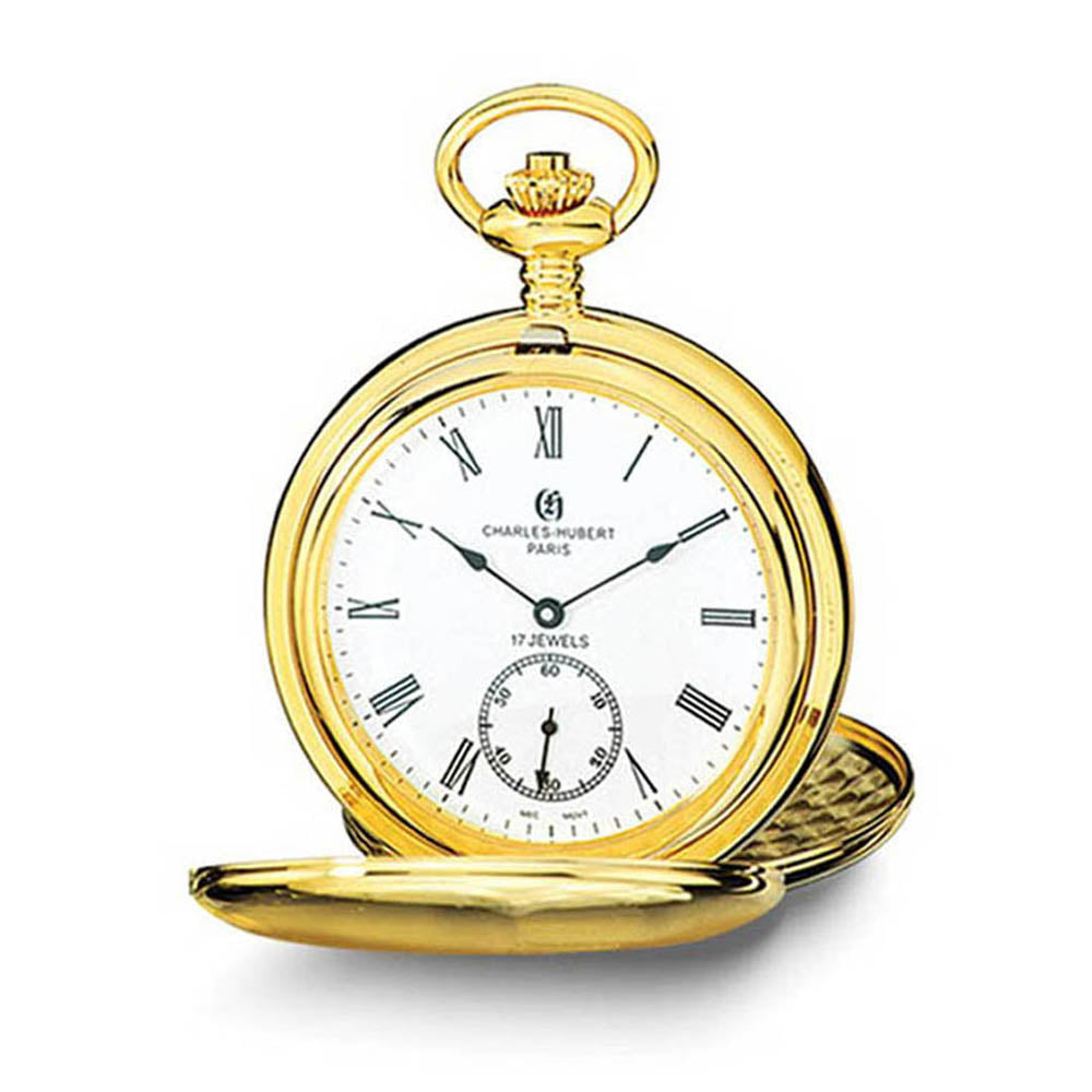 Charles Hubert Gold-Tone Stainless Steel White Dial Pocket Watch 54mm, Item W8591 by The Black Bow Jewelry Co.