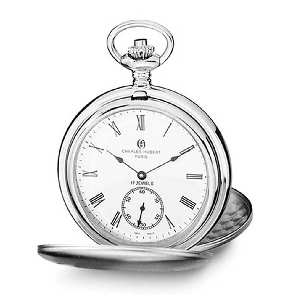 Charles Hubert Satin Stainless Steel White Dial Pocket Watch 54mm, Item W8593 by The Black Bow Jewelry Co.