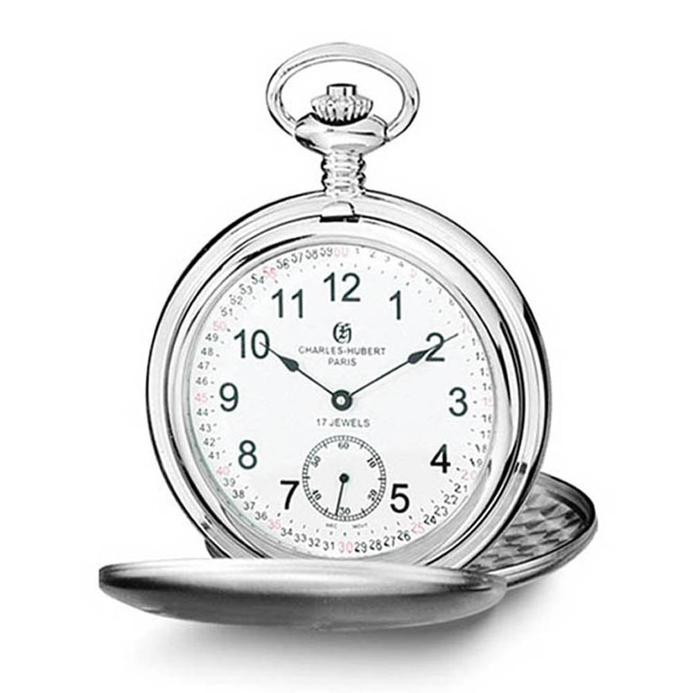 Charles Hubert Satin Stainless Steel White Dial 54mm Pocket Watch, Item W8594 by The Black Bow Jewelry Co.