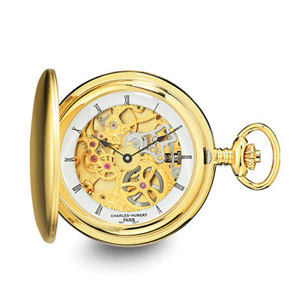 Charles Hubert Gold Tone Stnlss Steel Skeleton Dial 54mm Pocket Watch, Item W8600 by The Black Bow Jewelry Co.