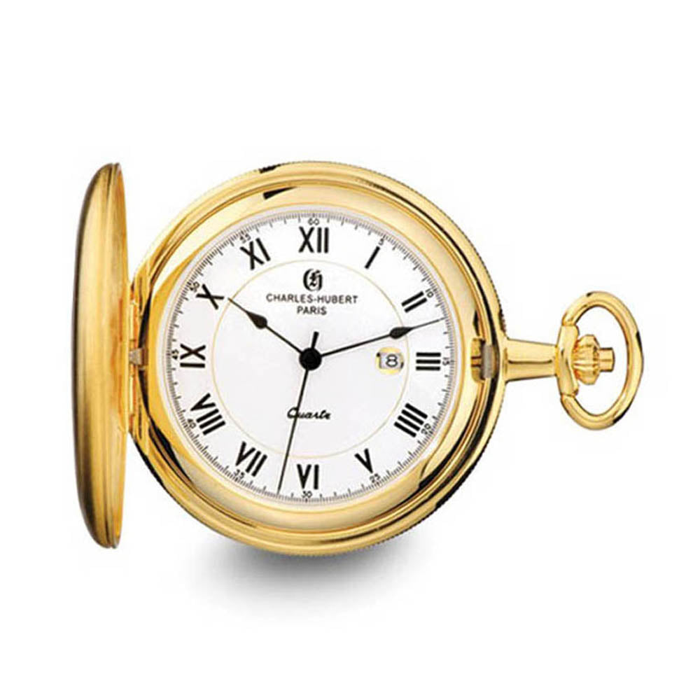 Charles Hubert Satin Gold Tone Finish White Dial Pocket Watch 50mm, Item W8605 by The Black Bow Jewelry Co.