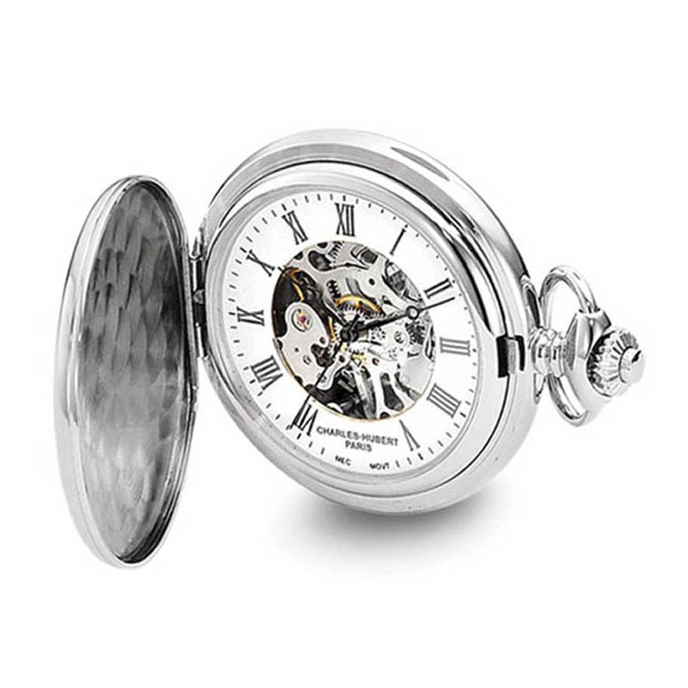 Charles Hubert Chrome-finish Shield Design Pocket Watch 47mm, Item W8618 by The Black Bow Jewelry Co.