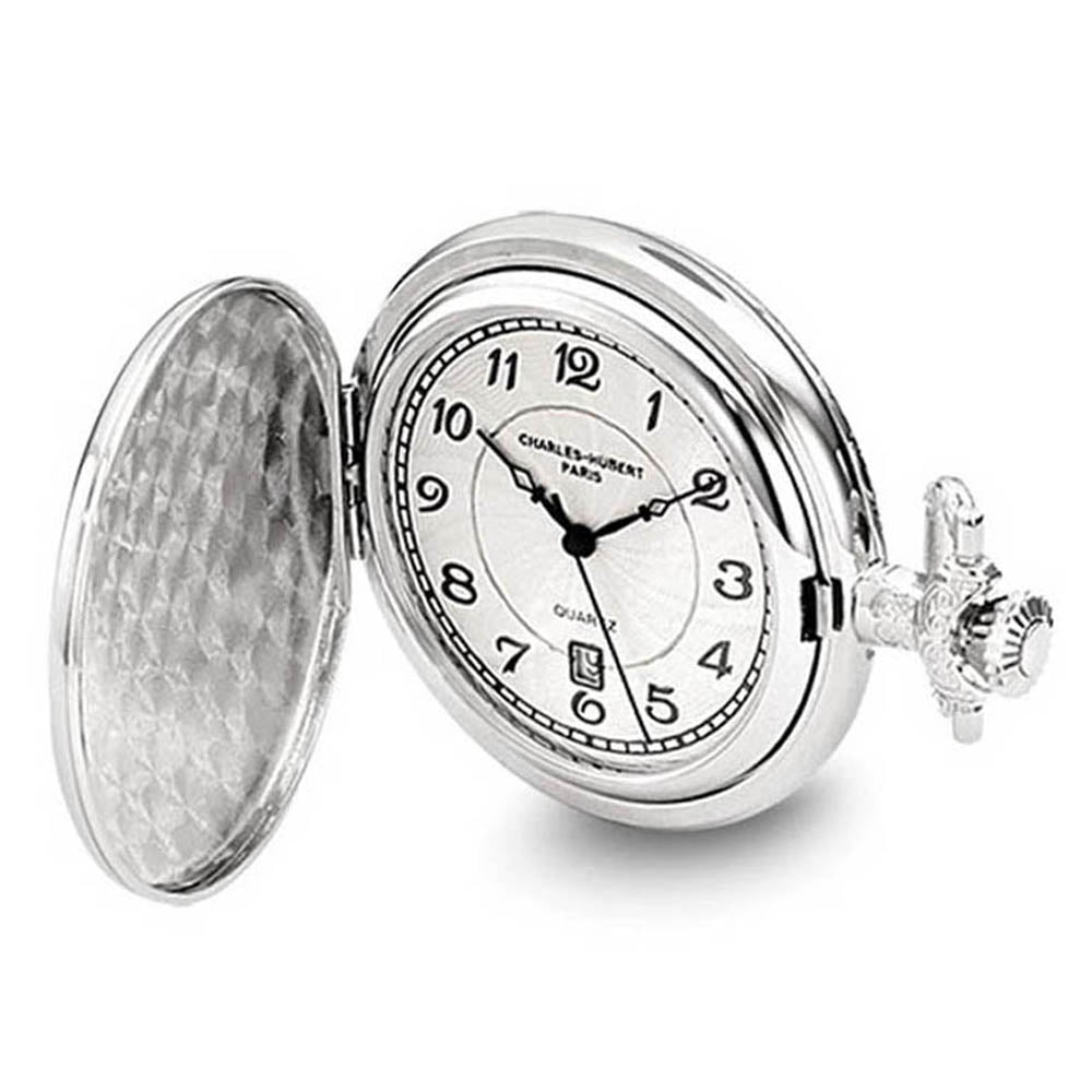 Charles Hubert Chrome-finish Unicorn Shield Pocket Watch, Item W8624 by The Black Bow Jewelry Co.