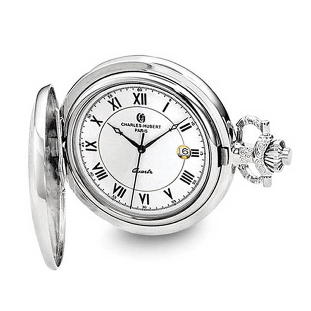 Charles Hubert Polished Chrome-finish Floral Design Pocket Watch 44mm, Item W8626 by The Black Bow Jewelry Co.