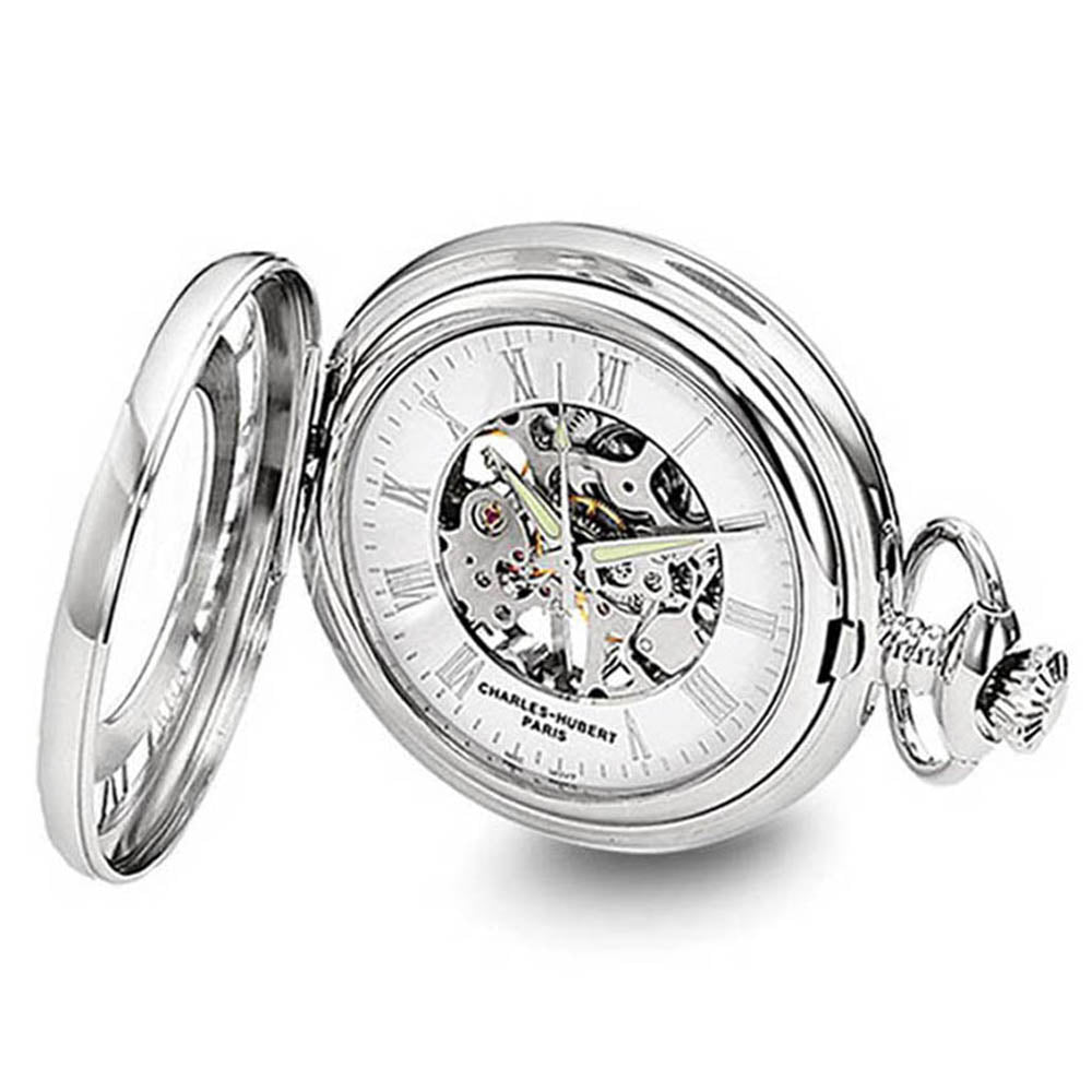 Charles Hubert Chrome-finish Skeleton Case Pocket Watch, Item W8629 by The Black Bow Jewelry Co.
