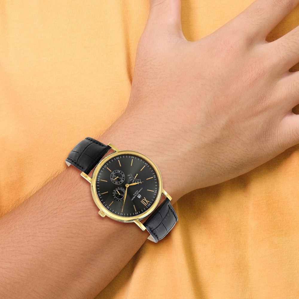 Alternate view of the Charles Hubert Mens Gold Tone Stainless Black Leather Band 46mm Watch by The Black Bow Jewelry Co.