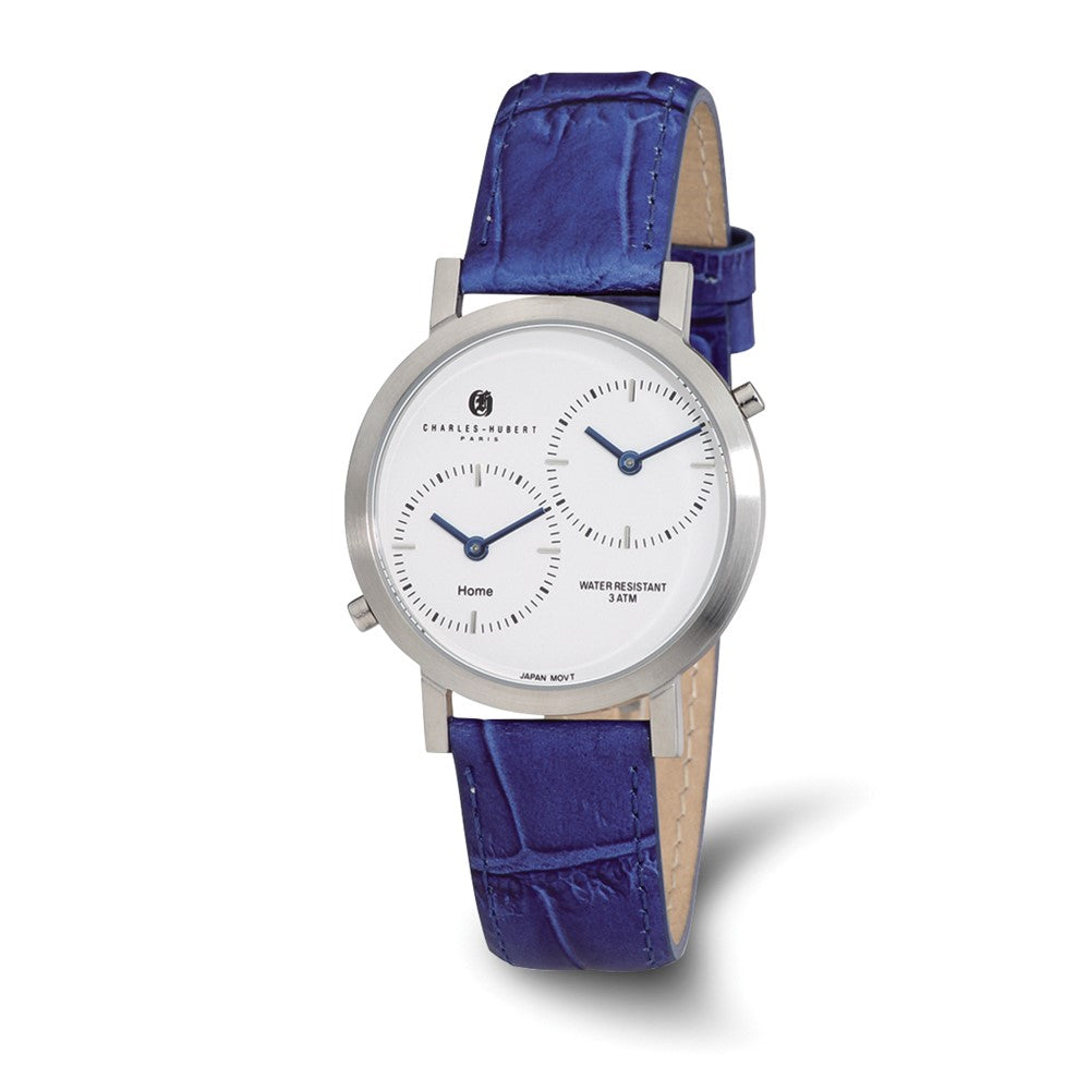 Charles Hubert Mens Stainless Leather Band 37mm Dual Time Watch, Item W8639 by The Black Bow Jewelry Co.