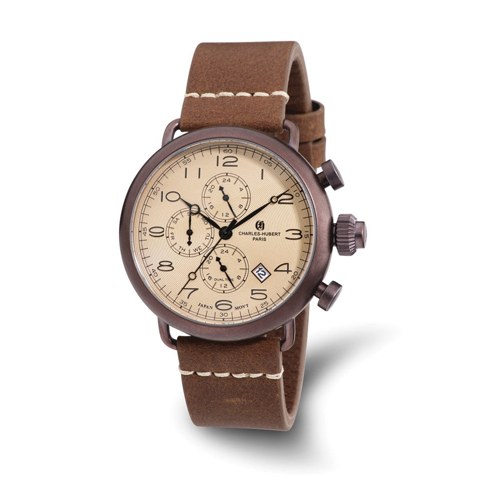 Charles Hubert Mens IP Brown Leather Band 46mm Dual Tme Watch, Item W8641 by The Black Bow Jewelry Co.
