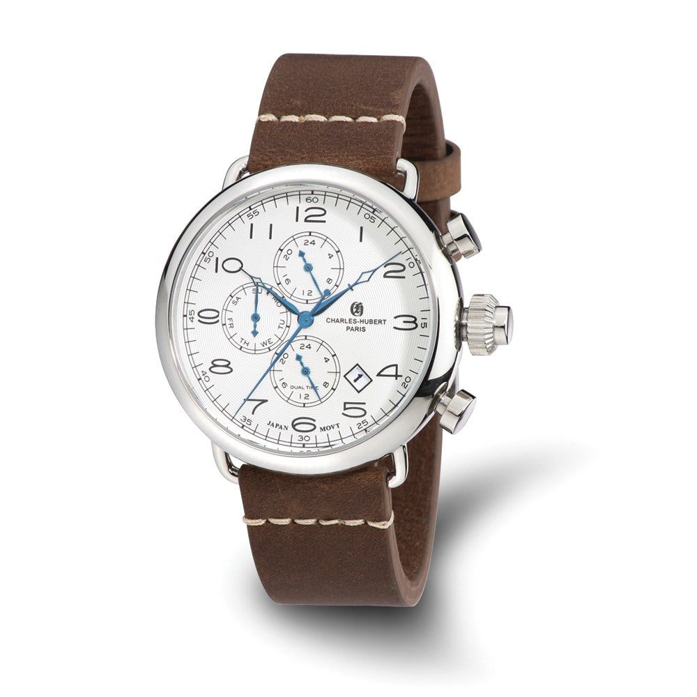 Charles Hubert Men's Stainless Brown Leather Band 46mm Dual Time Watch, Item W8642 by The Black Bow Jewelry Co.