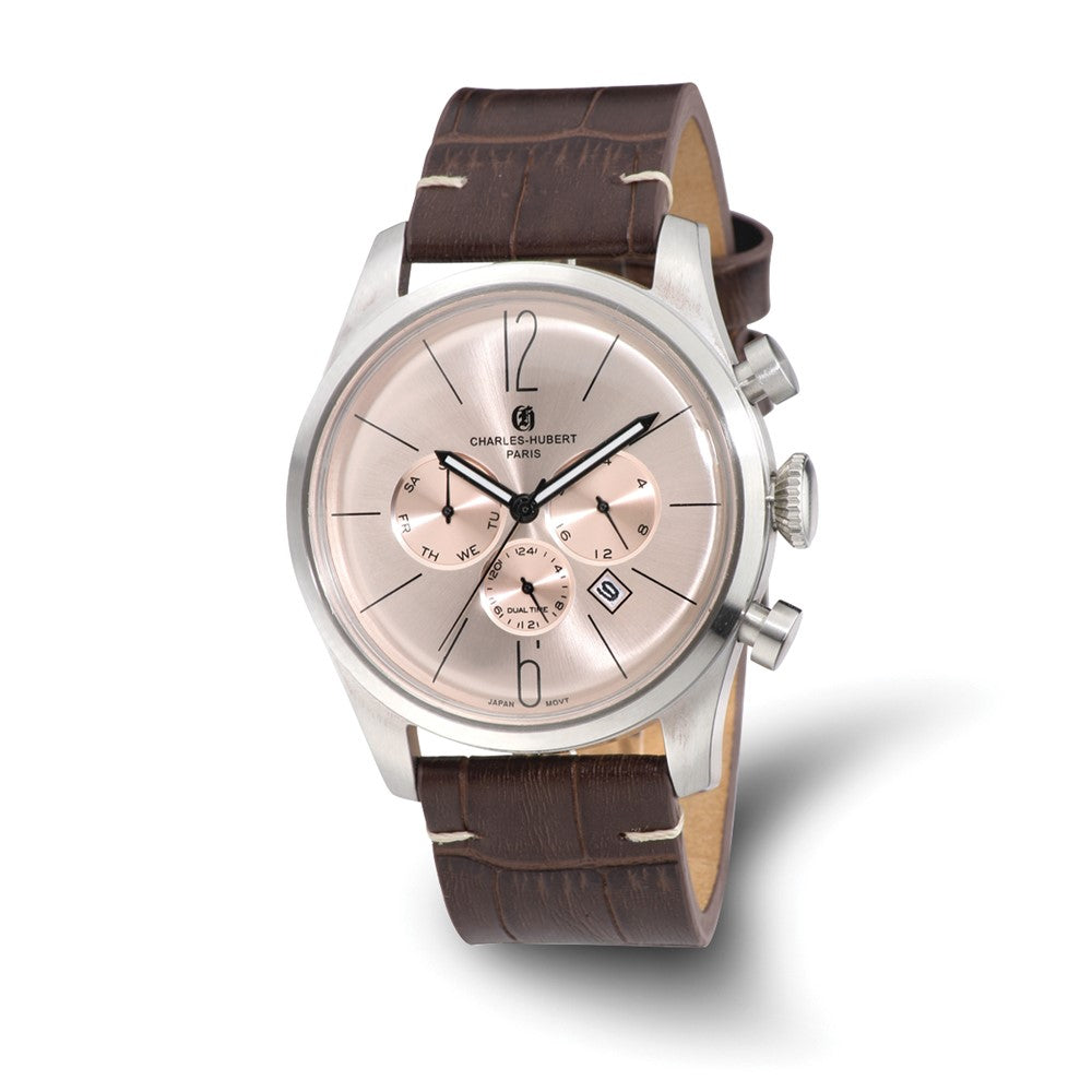 Charles Hubert Mens Stainless Brown Leather Band Dual Time 46mm Watch, Item W8644 by The Black Bow Jewelry Co.