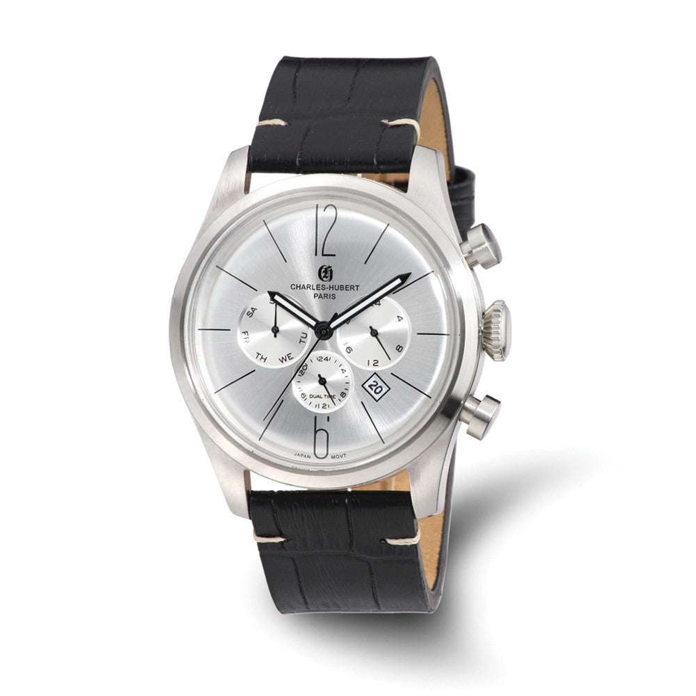 Charles Hubert Mens Stainless Leather Band 46mm Dual Time Watch, Item W8645 by The Black Bow Jewelry Co.