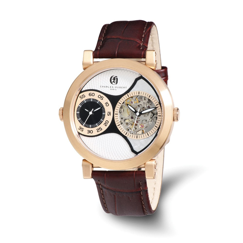 Charles Hubert Mens IP Rose Leather Band 46mm Dual Tme Watch, Item W8648 by The Black Bow Jewelry Co.