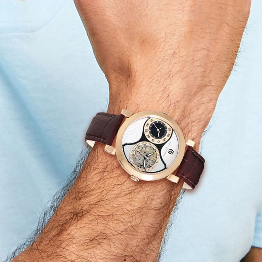 Alternate view of the Charles Hubert Mens IP Rose Leather Band 46mm Dual Tme Watch by The Black Bow Jewelry Co.