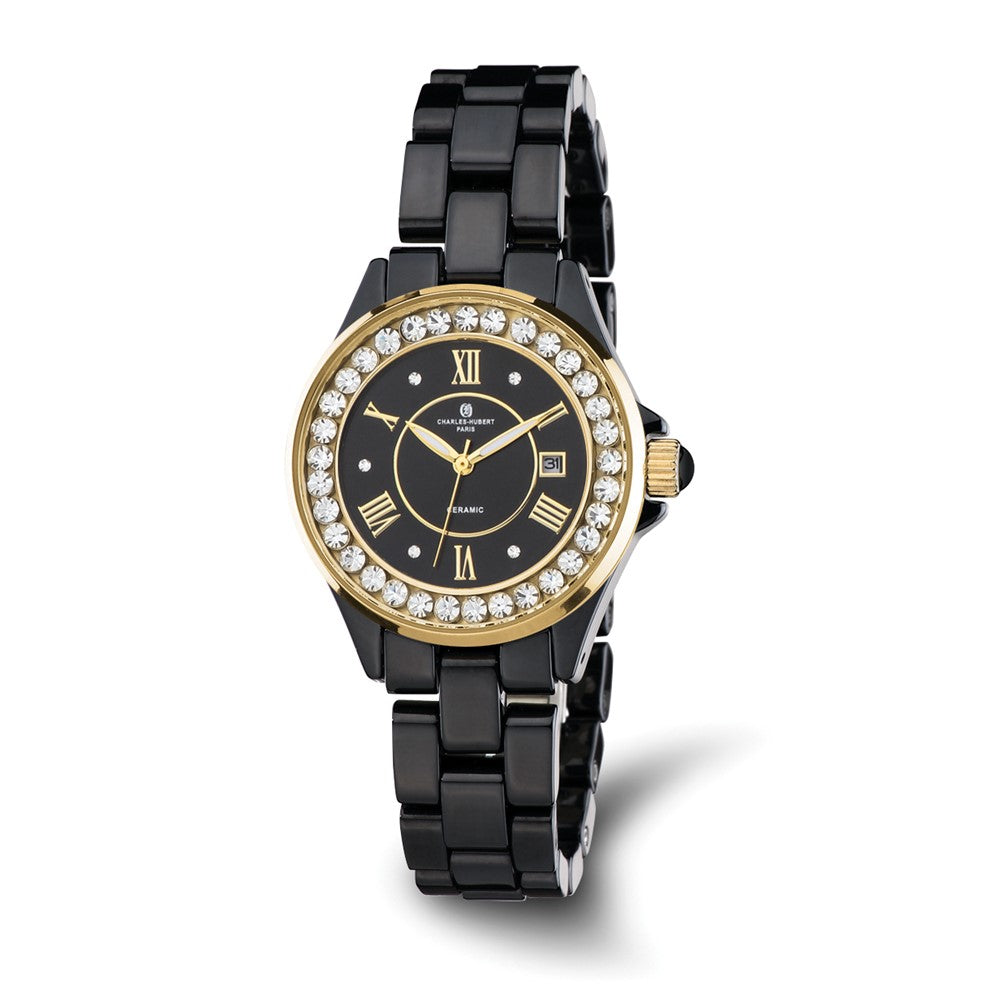 Charles Hubert Ladies Crystal Bezel Black Ceramic Watch, Item W8661 by The Black Bow Jewelry Co.