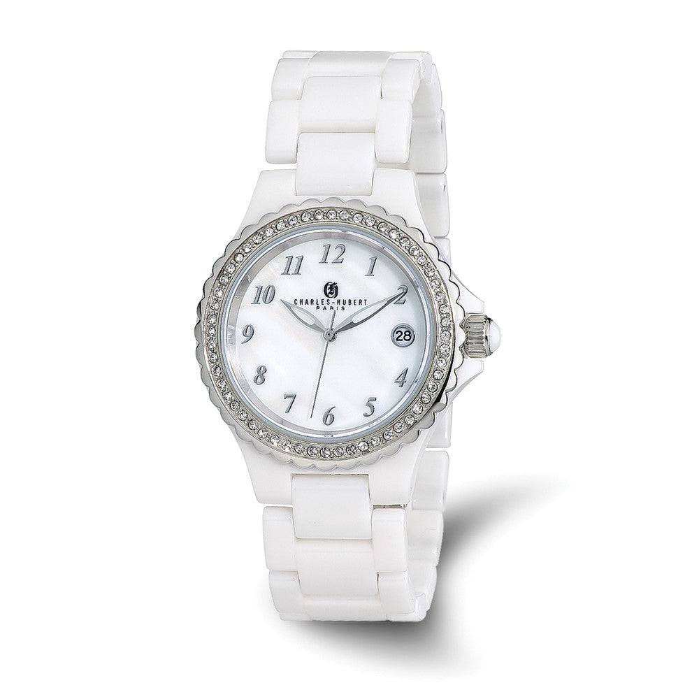 Charles Hubert Ladies White Ceramic MOP & Crystals 38mm Watch, Item W8663 by The Black Bow Jewelry Co.