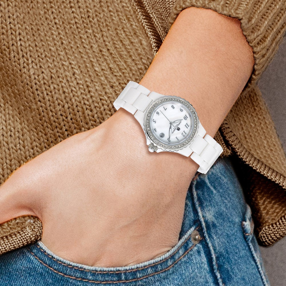 Alternate view of the Charles Hubert Ladies White Ceramic MOP & Crystals 38mm Watch by The Black Bow Jewelry Co.