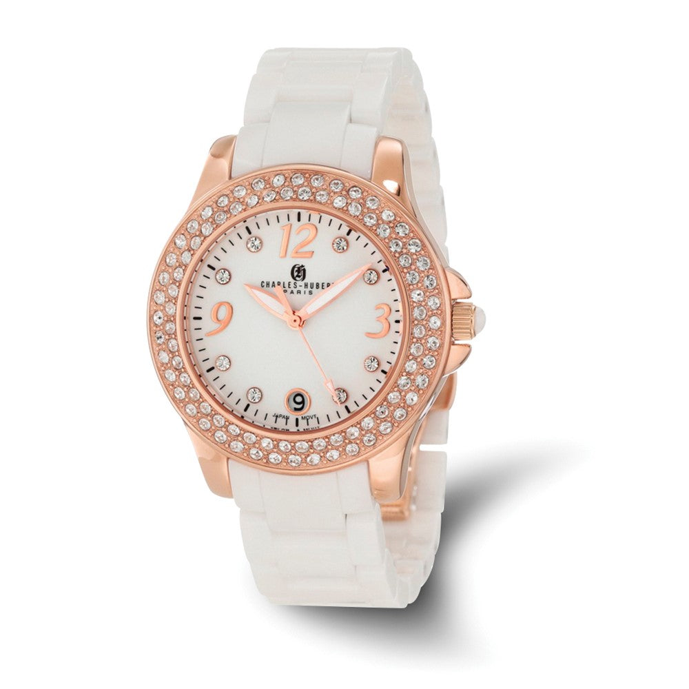Charles Hubert Ladies White Ceramic, Rose Tone & Crystals 40mm Watch, Item W8670 by The Black Bow Jewelry Co.