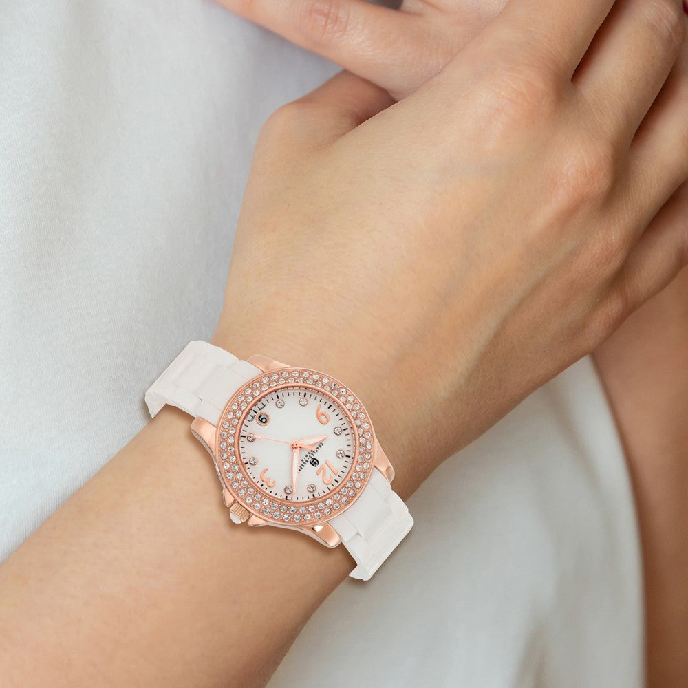 Alternate view of the Charles Hubert Ladies White Ceramic, Rose Tone & Crystals 40mm Watch by The Black Bow Jewelry Co.