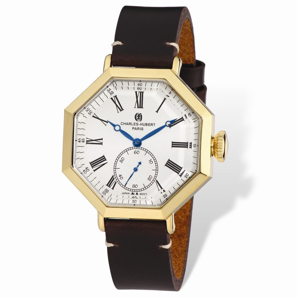 Charles Hubert Mens IP-plated Leather Band Octagonal Watch, Item W8675 by The Black Bow Jewelry Co.