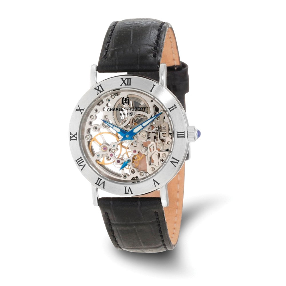 Charles Hubert Ladies Stainless Skeleton Dial Leather Band 35mm Watch, Item W8677 by The Black Bow Jewelry Co.