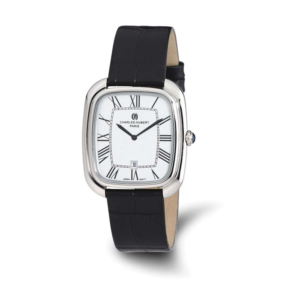Charles Hubert Mens Square Face Black Leather Band Watch, Item W8687 by The Black Bow Jewelry Co.