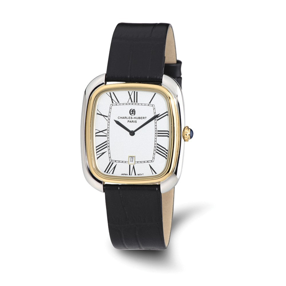 Charles Hubert Mens IP 2-tone Square Brown Leather Band Watch, Item W8691 by The Black Bow Jewelry Co.