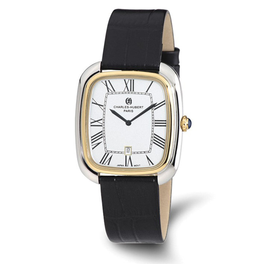 Charles Hubert Ladies IP 2-tone Square Black Leather Band Watch, Item W8692 by The Black Bow Jewelry Co.