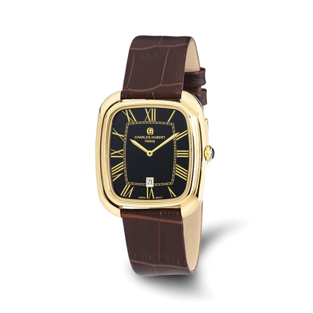 Charles Hubert Ladies IP-plated Black Square Leather Band Watch, Item W8694 by The Black Bow Jewelry Co.