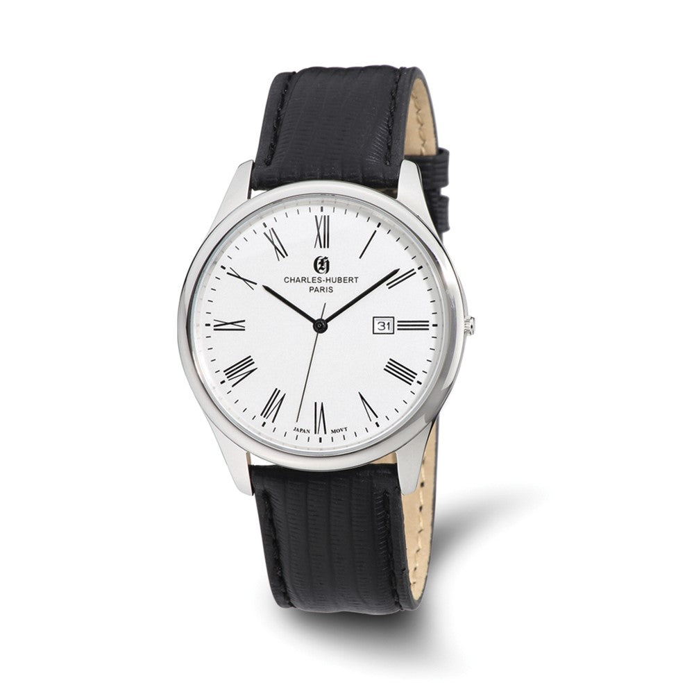Charles Hubert Mens Stainless Leather Band 43mm Watch, Item W8697 by The Black Bow Jewelry Co.