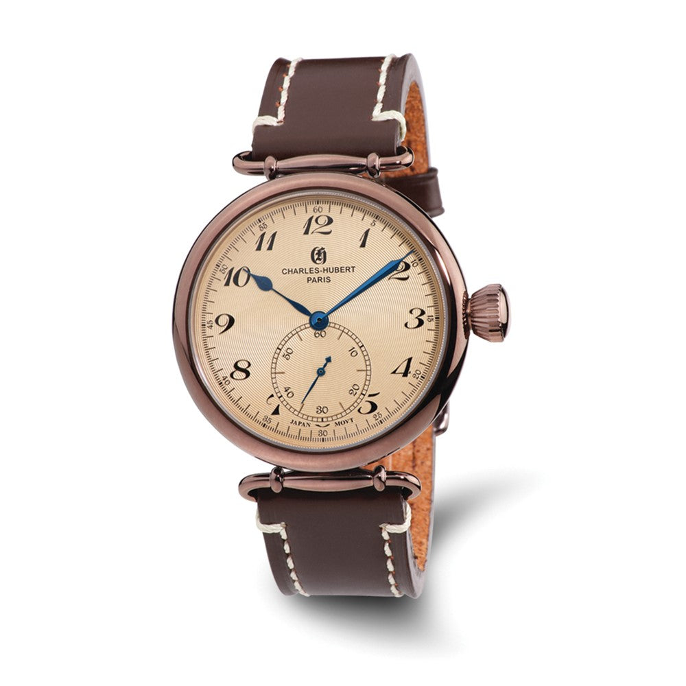 Charles Hubert Mens IP Brown Stainless Leather Band 46mm Watch, Item W8703 by The Black Bow Jewelry Co.