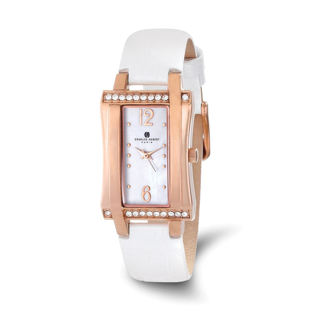 Charles Hubert Ladies IP Rose Stainless White Leather 23x32mm Watch, Item W8721 by The Black Bow Jewelry Co.