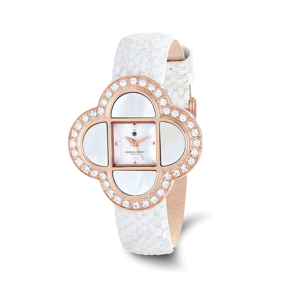 Charles Hubert Ladies IP Rose Stainless White Leather Band 36mm Watch, Item W8723 by The Black Bow Jewelry Co.