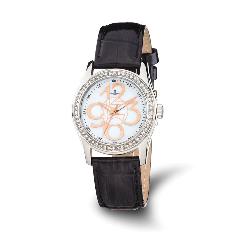 Charles Hubert Ladies Crystal Bezel Black Leather Watch, Item W8726 by The Black Bow Jewelry Co.