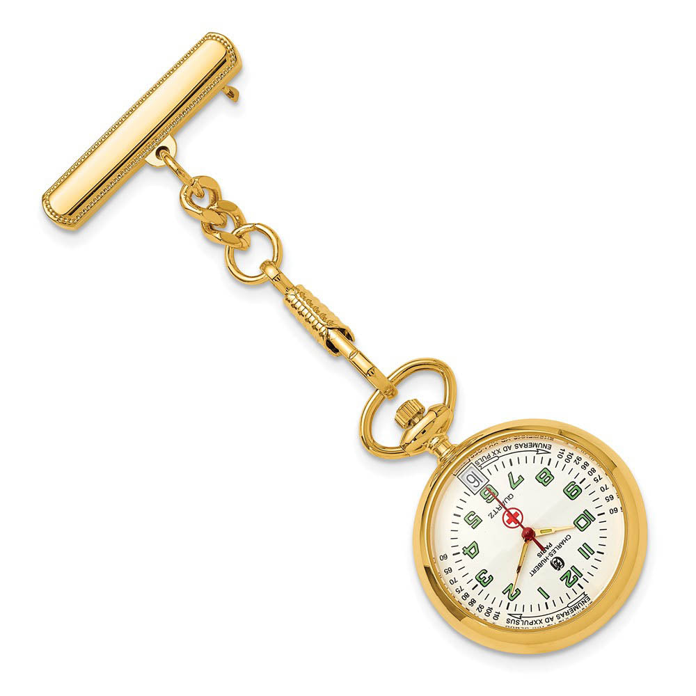 Charles Hubert Gold-finish White Dial Pin Nurse Watch, Item W8737 by The Black Bow Jewelry Co.