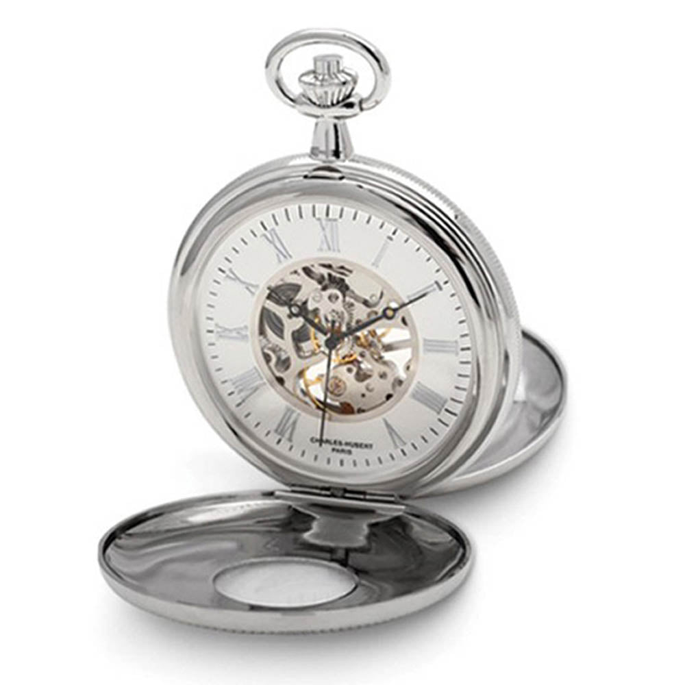 Charles Hubert Chrome Finish White Dial 50mm Pocket Watch, Item W8742 by The Black Bow Jewelry Co.