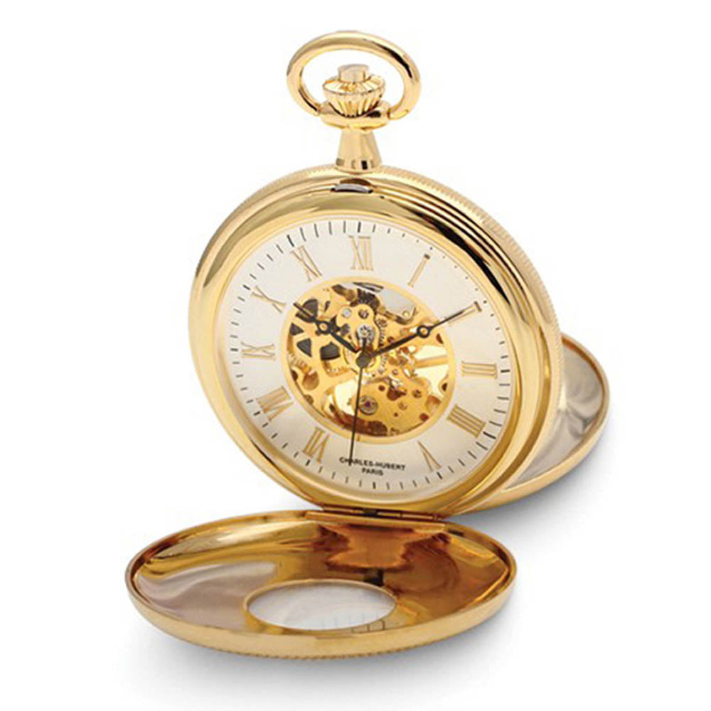 Charles Hubert Gold Finish White Dial Skeleton 50mm Pocket Watch, Item W8743 by The Black Bow Jewelry Co.