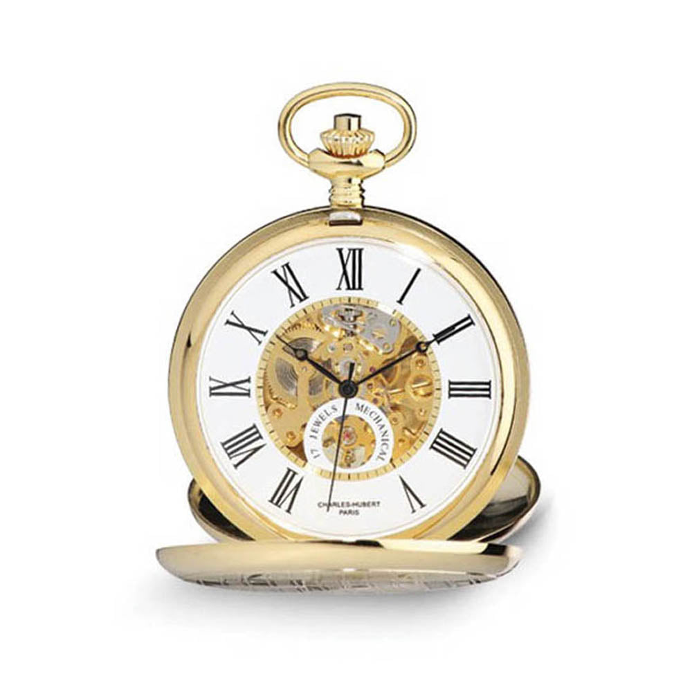 Charles Hubert Gold Finish White Skeleton Dial 53mm Pocket Watch, Item W8745 by The Black Bow Jewelry Co.