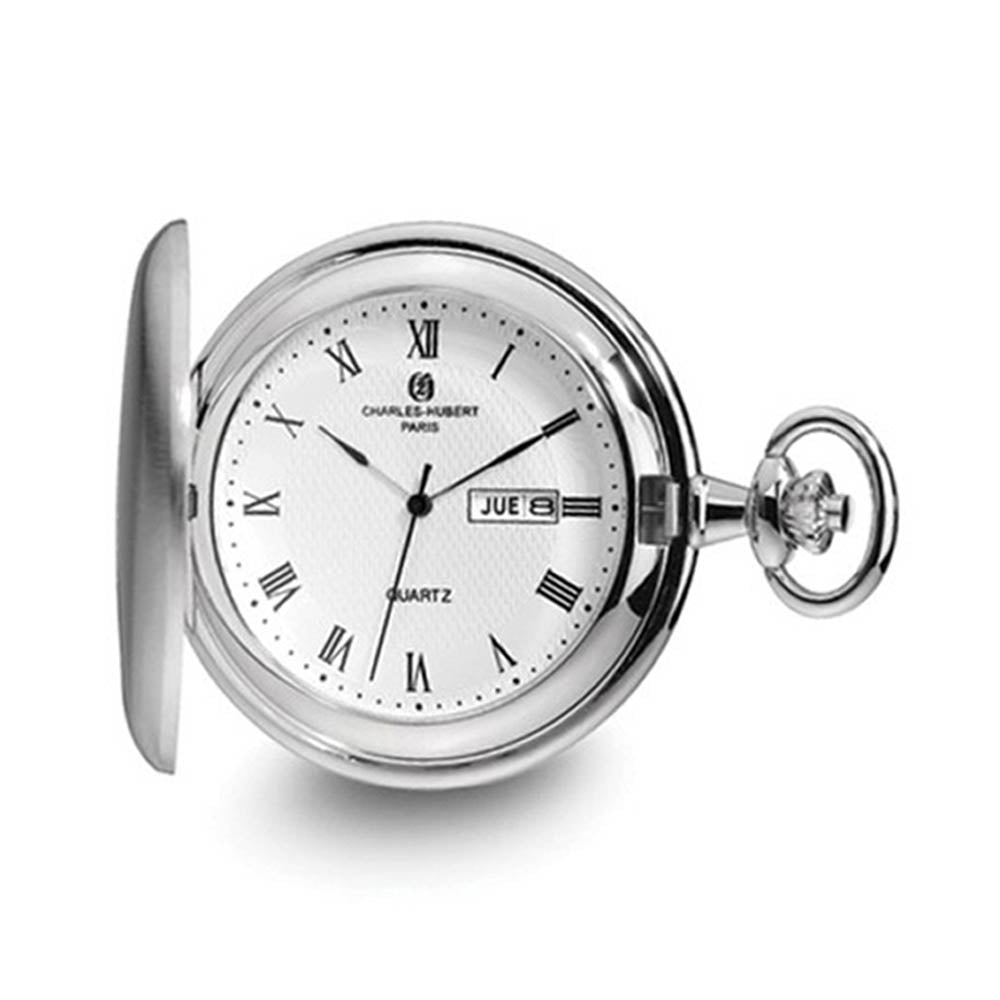 Charles Hubert Satin Finish White Dial Day/Date Pocket Watch, Item W8748 by The Black Bow Jewelry Co.
