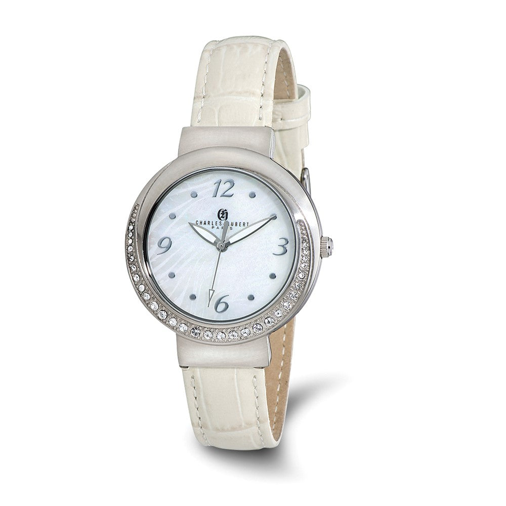 Charles Hubert Ladies Stainless Steel Cream Leather Band 38mm Watch, Item W8756 by The Black Bow Jewelry Co.