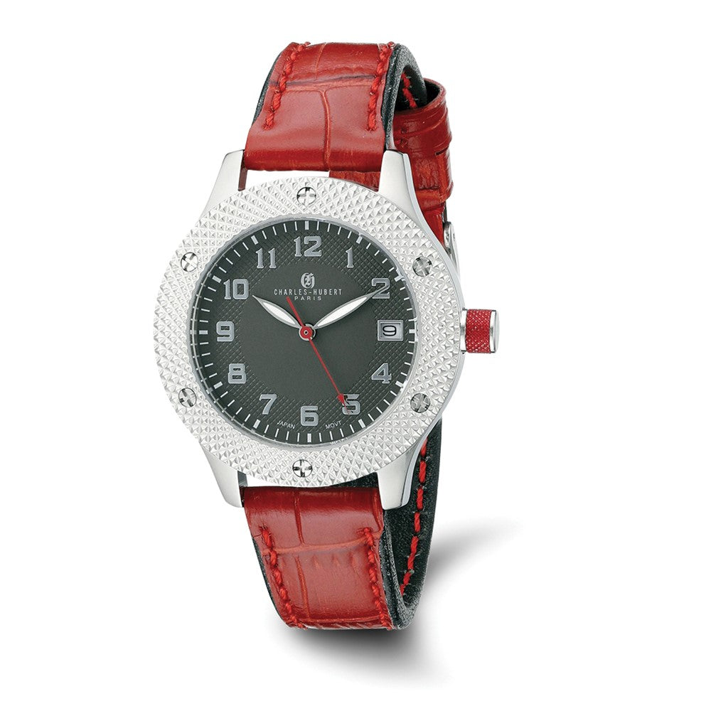 Charles Hubert Ladies Stainless Steel Black Dial Red Leather Watch, Item W8766 by The Black Bow Jewelry Co.