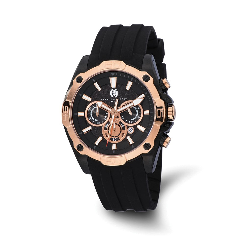 Charles Hubert Mens Stainless Steel Chronograph Rose&Black Dial Watch, Item W8773 by The Black Bow Jewelry Co.